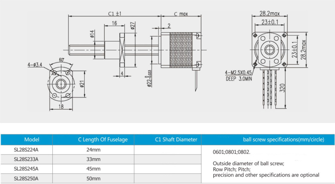 Nema11 ball screw stepper motor standard model parameters
